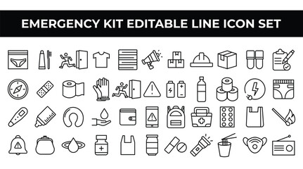 Emergency Kit Editable Line Icon Set vector. Minimalist vector icons for disaster preparedness, survival supplies, and essential tools, ideal for infographics, apps, and emergency guides.