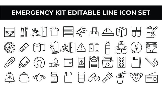 Emergency Kit Editable Line Icon Set vector. Minimalist vector icons for disaster preparedness, survival supplies, and essential tools, ideal for infographics, apps, and emergency guides.