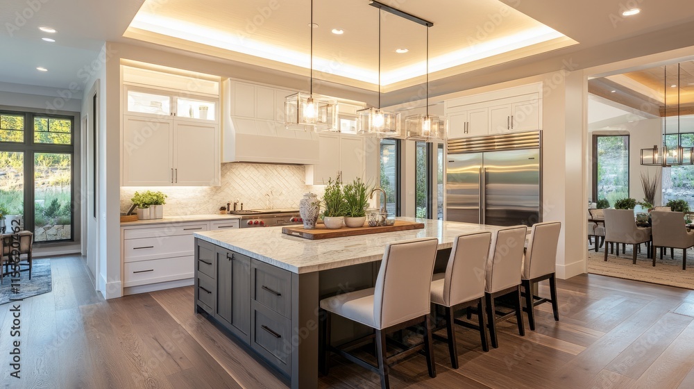 Aufkleber elegant kitchen island illuminated by parallel linear led lights recessed into the ceiling, emphasiz