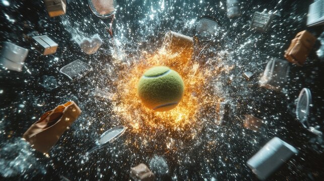 A tennis ball in the center, exploding with energy, with tennis gear such as rackets, shoes, and bags flying out from the explosion. 