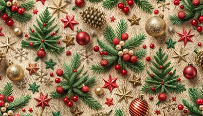 Rustic Christmas Decorations on Burlap with Natural Elements in Red and Gold
