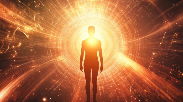 A representation of the human form amidst vivid energy patterns and light, emphasizing the exploration of the body's inner workings through magnetic resonance imaging