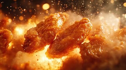 A close up of fried chicken wings with a lot of smoke and fire