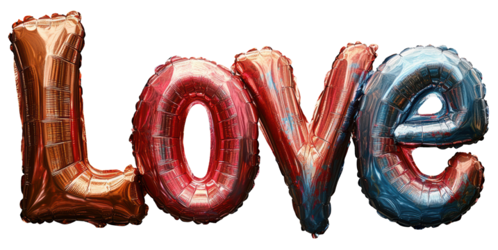 A bunch of balloons with the word LOVE written on them