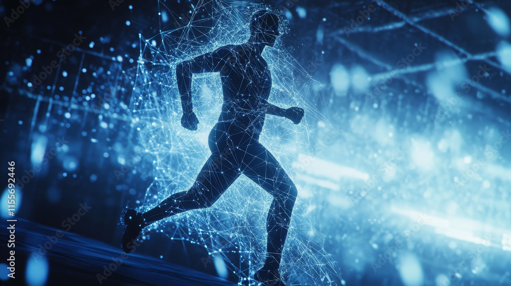 Poster hologram running. runner logo of polygons, triangles of dots and lines. runner icon is a low-poly co