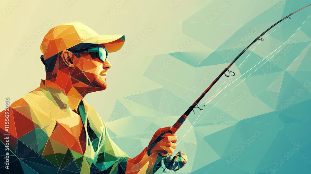 Poster a hologram of a fisherman. fisherman polygons, triangles points and lines. fishing icon low-poly com
