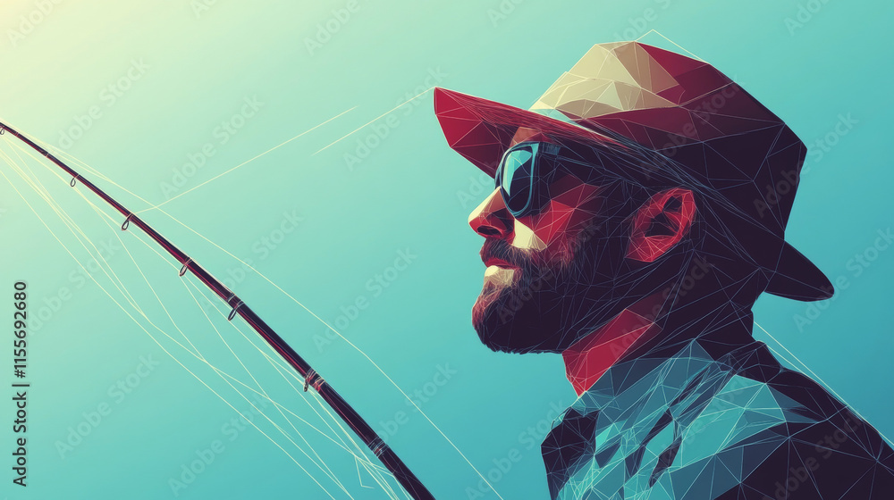 Poster a hologram of a fisherman. fisherman polygons, triangles points and lines. fishing icon low-poly com