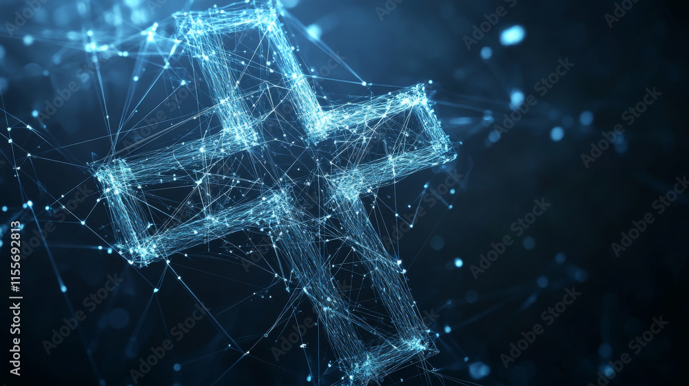 Poster hologram cross mark. cross mark made of polygons, triangles, dots, and lines. low-poly cross mark st