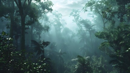 Fototapeta premium Lush Green Jungle with Sunlight Filtering Through Dense Canopy