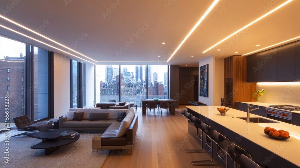 Poster open-concept apartment with recessed linear lighting creating a seamless transition between the kitc