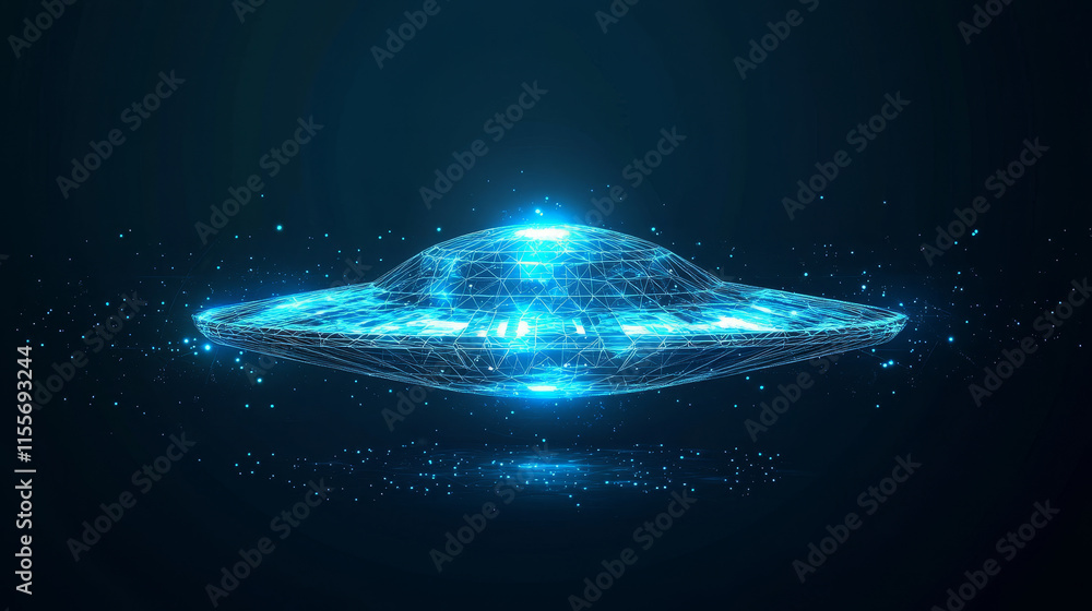 Poster a hologram of a ufo. the flying saucer sign consists of polygons, triangles of points and lines. the