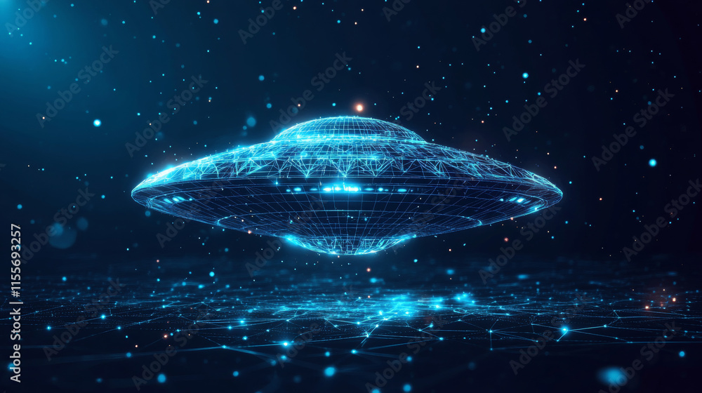 Poster a hologram of a ufo. the flying saucer sign consists of polygons, triangles of points and lines. the