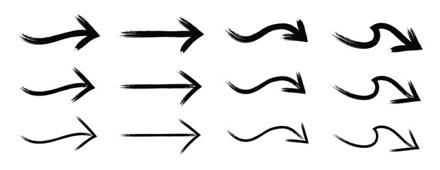 Hand drawn painted arrow, set of arrows. Black simple grunge arrows collection. Vector illustration on white background.
