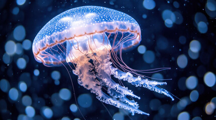 Obraz premium mesmerizing jellyfish floats gracefully in dark sea, illuminated by bioluminescent patterns. Its long tentacles sway gently, creating captivating underwater scene