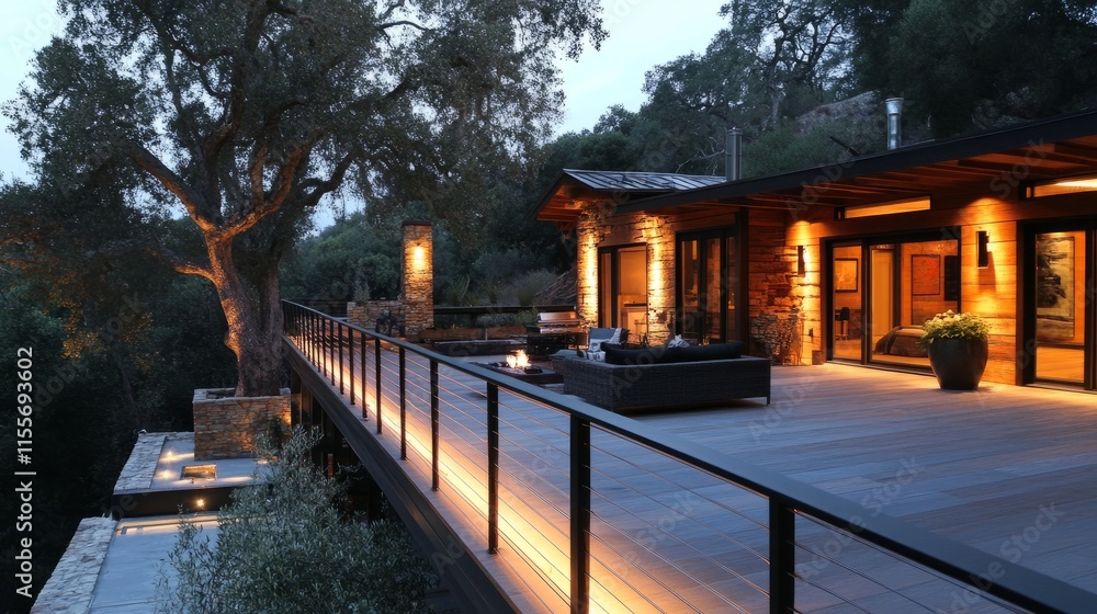 Poster outdoor patio with sleek linear lighting under the railing, adding a modern touch to the minimalist 