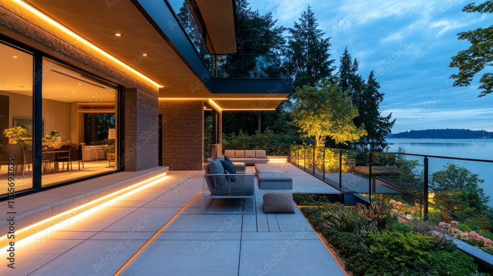 Poster outdoor patio with sleek linear lighting under the railing, adding a modern touch to the minimalist 