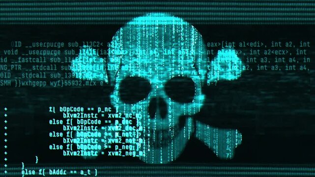 Abstract digital glitch effect with skull. Noise looped background for hacked mobile phone screen. Error signal loop. Virus code and software hack concept. Cyber security