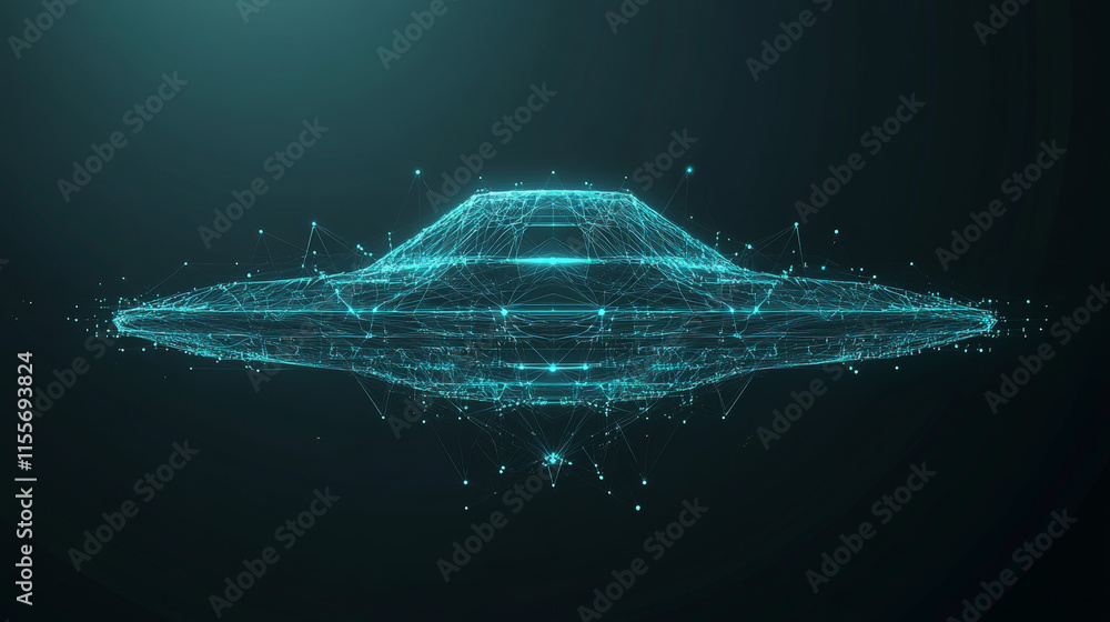 Poster a hologram of a ufo. the flying saucer sign consists of polygons, triangles of points and lines. the