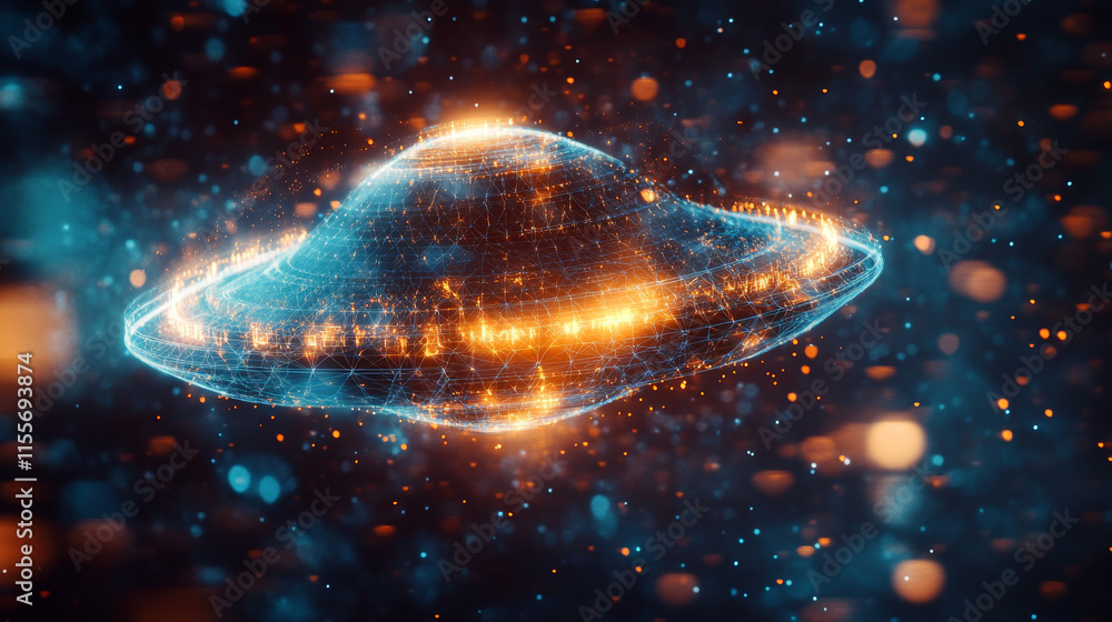 Poster a hologram of a ufo. the flying saucer sign consists of polygons, triangles of points and lines. the
