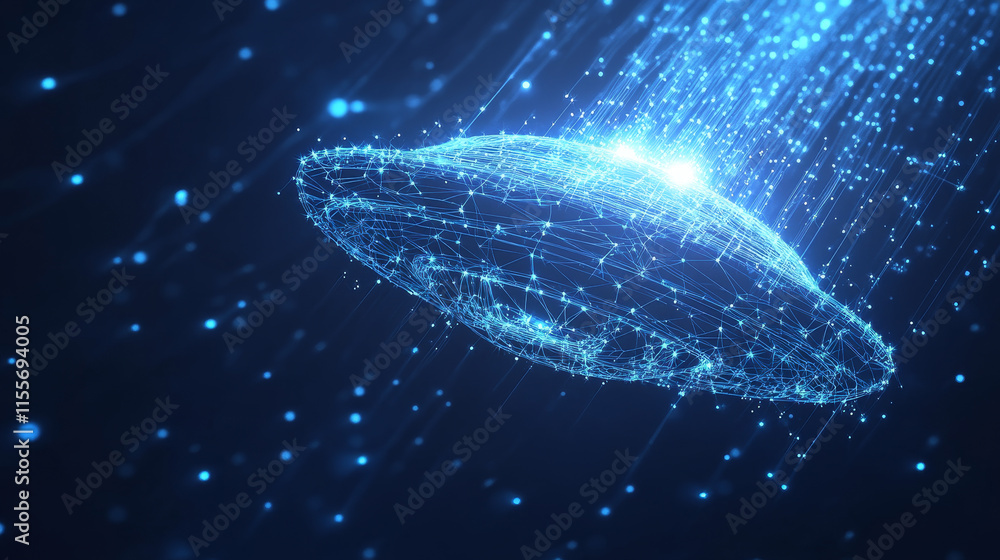 Poster a hologram of a ufo. the flying saucer sign consists of polygons, triangles of points and lines. the
