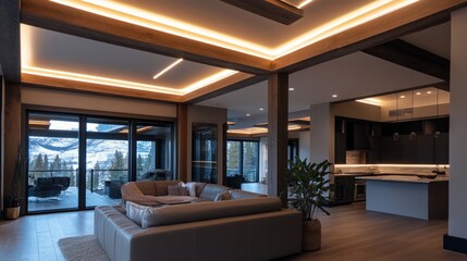 Fototapeta premium Spacious loft with exposed beams and a continuous linear LED strip accentuating the architectural details in the open space.