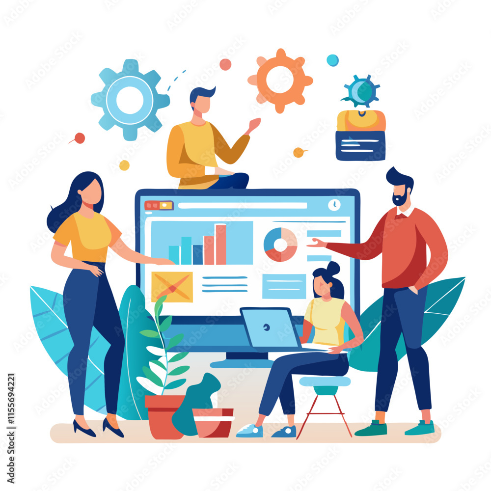 Aufkleber business team collaborates on web page design project in a modern workspace environment