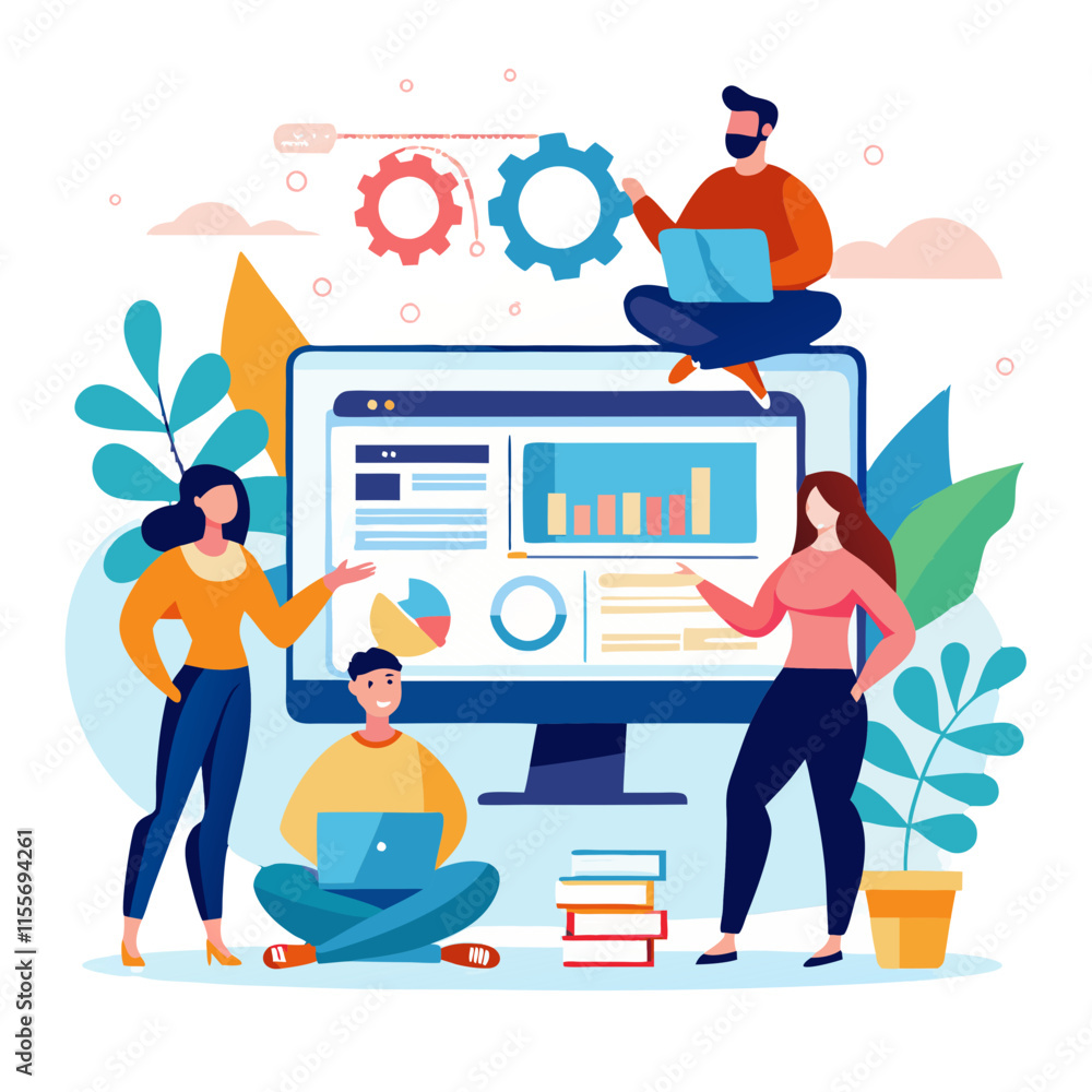 Poster business team collaborates on web page design in a modern digital workspace
