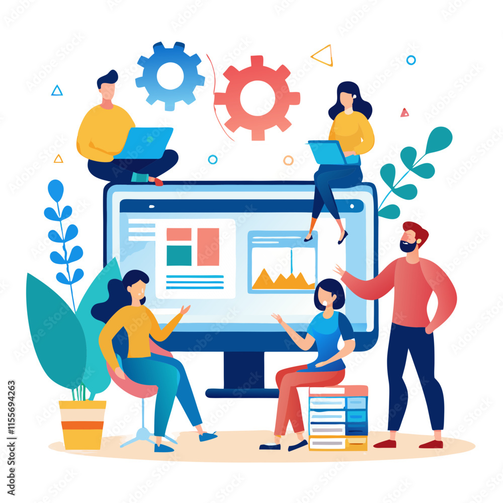 Poster business team collaborates on web page design at modern workspace with colorful illustrations and en