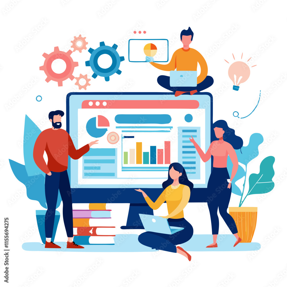 Poster business team collaborates on web page design in modern workspace with technology tools and colorful