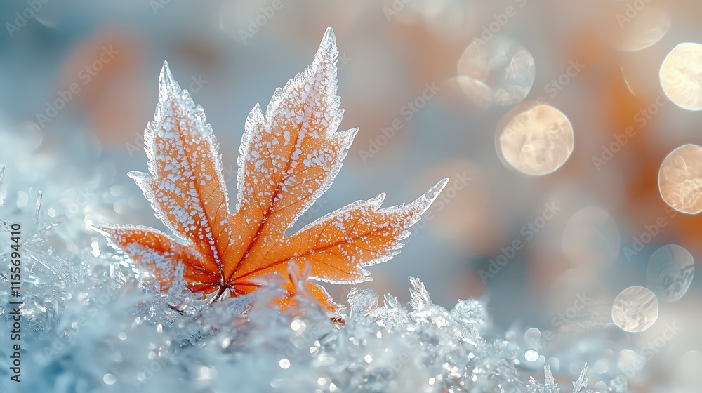 Poster frosted maple leaf on sparkling snowy background in soft focus