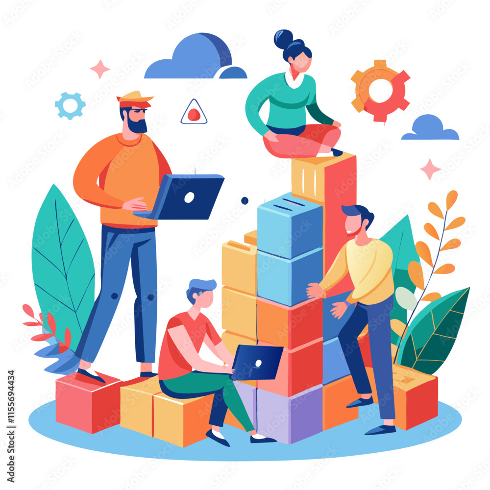 Poster Developers collaborate on building blocks to create a robust system in a vibrant workspace