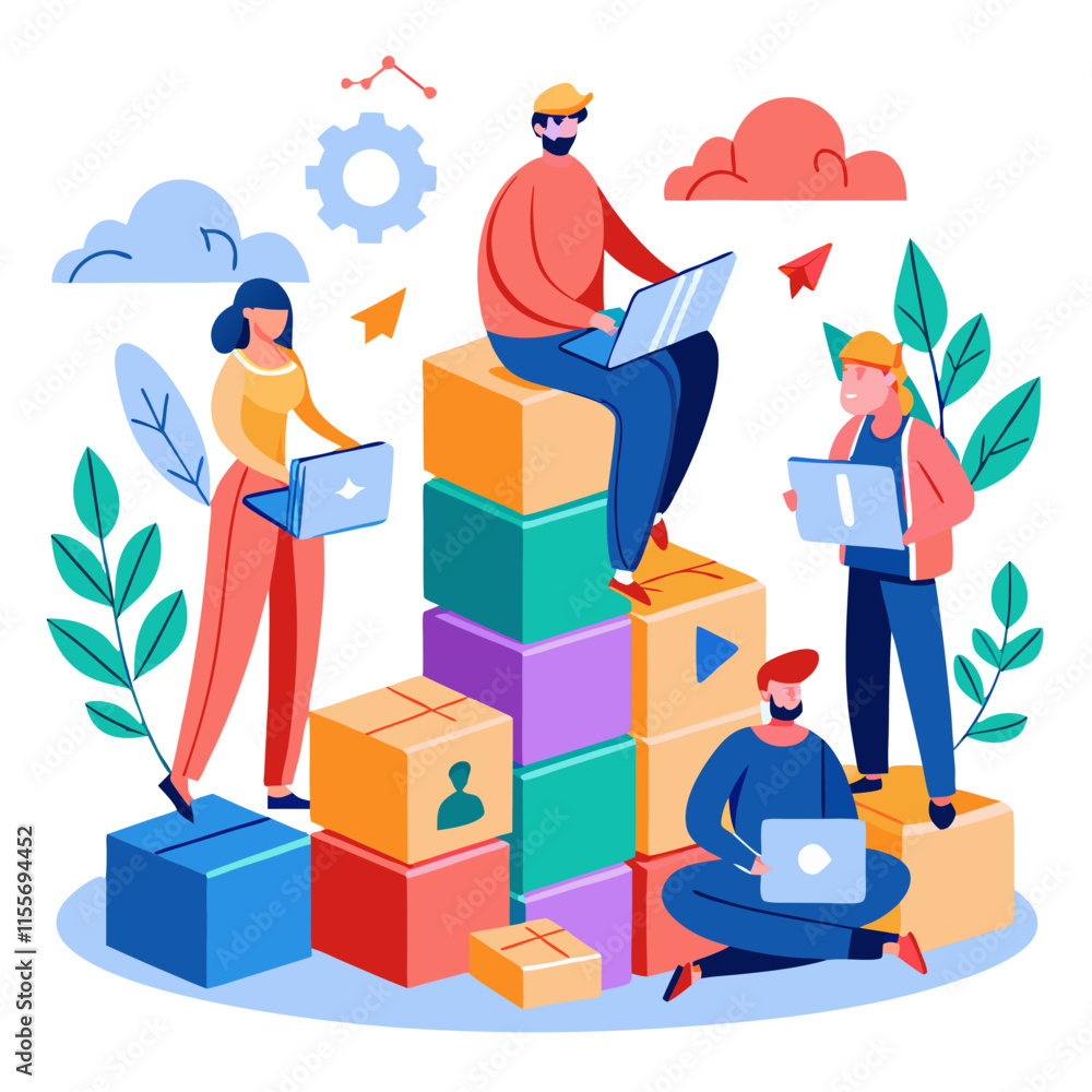 Poster developers collaborate on building blocks of a complex system in a creative workspace