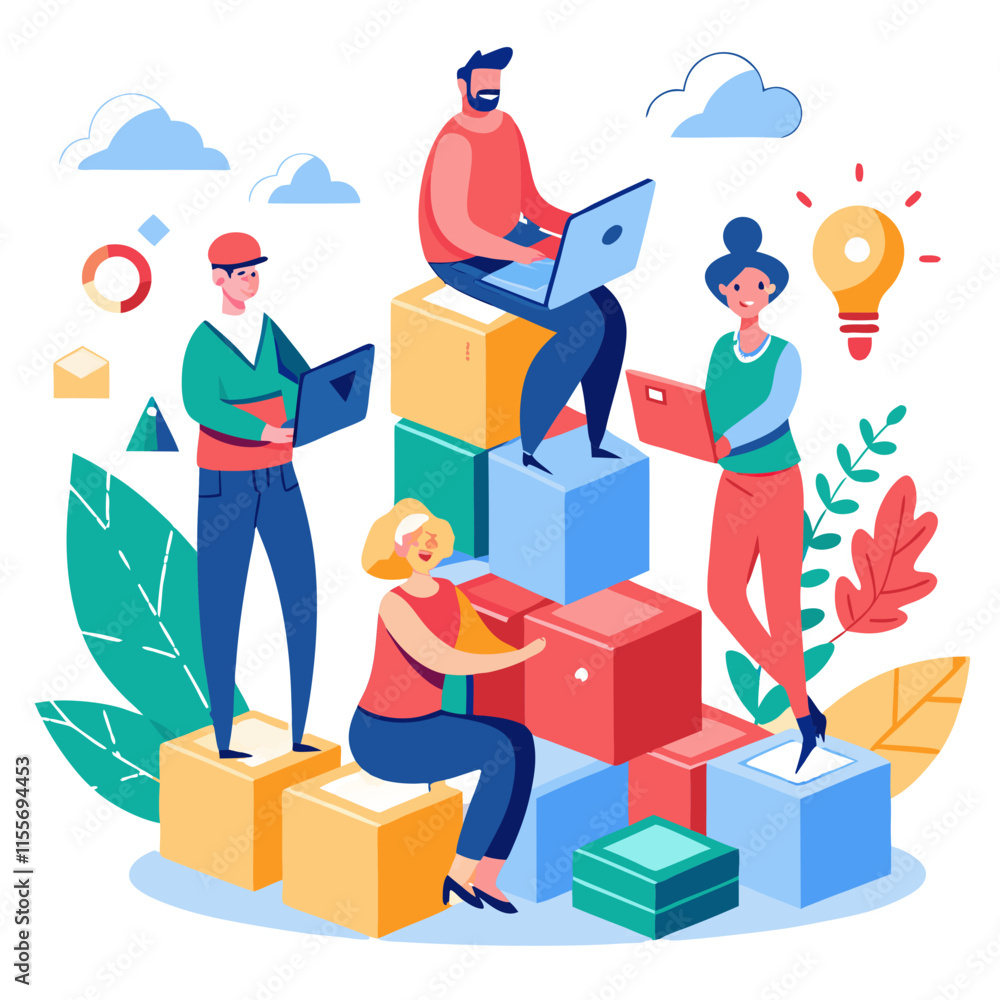  developers collaborating and building blocks of a growing system in a colorful workspace