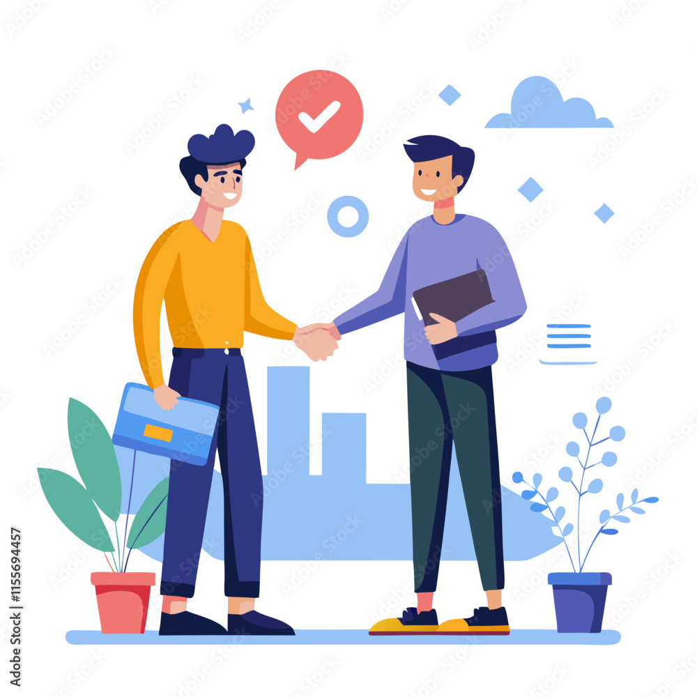 Poster developer and client shake hands to finalize project agreement in outdoor setting
