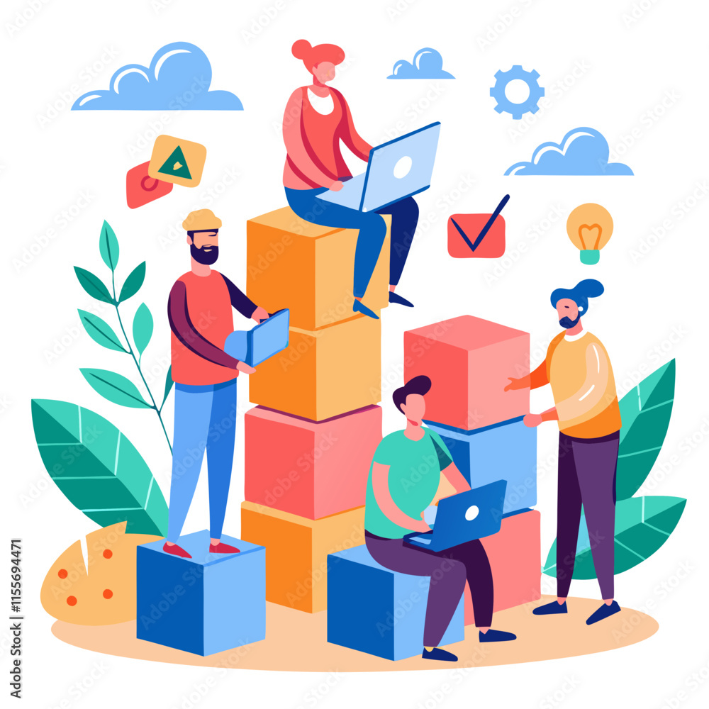 Poster Developers collaborating to construct a scalable system through teamwork and innovative design in a vibrant workspace
