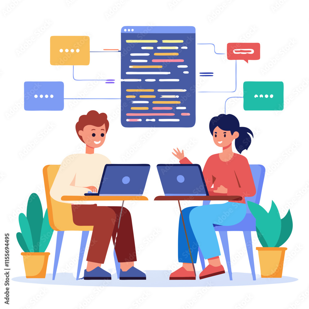 Poster Developers collaborate on code while using laptops in a modern workspace setting