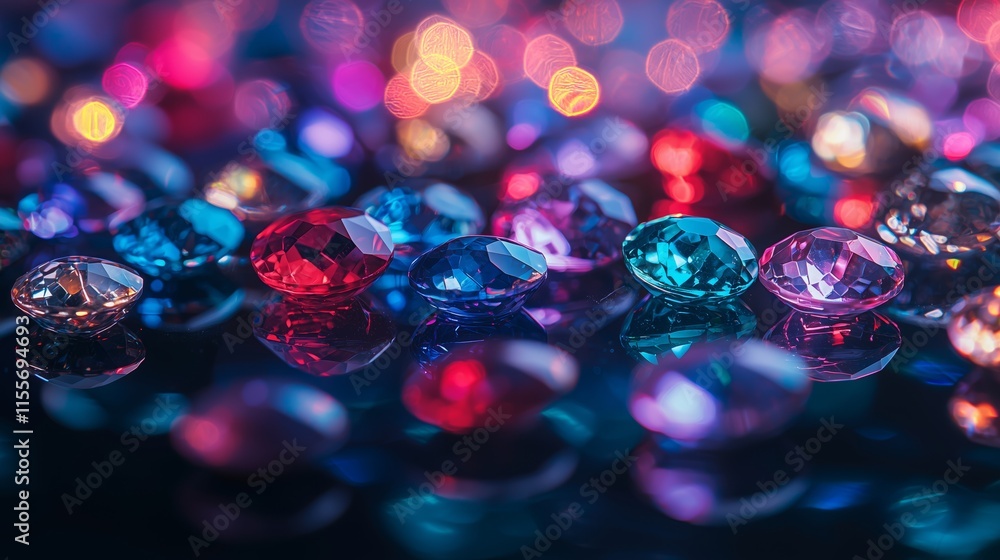 Poster colorful gems shining with light and reflection in dark background