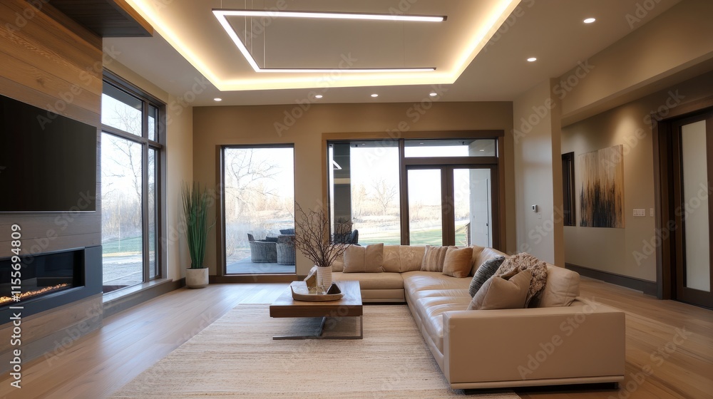 Aufkleber warm and inviting family room with a floating linear light fixture hovering above a minimalist secti