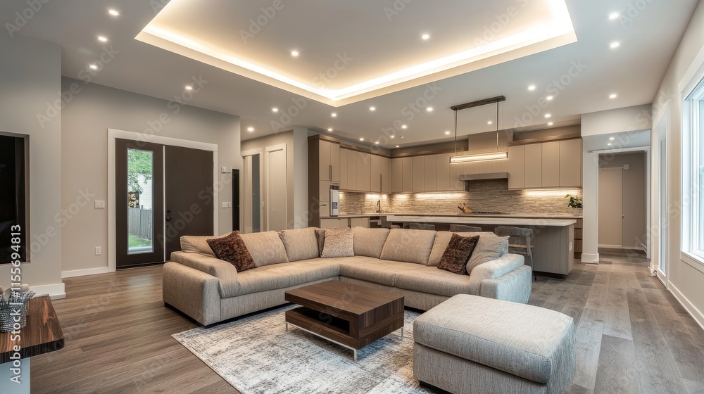 Aufkleber warm and inviting family room with a floating linear light fixture hovering above a minimalist secti