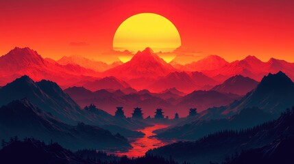 Obraz premium Serene Japanese Landscape with Sunset Over Majestic Mountains