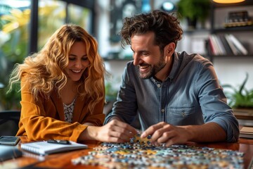 Fototapeta premium A joyful couple enjoys assembling a colorful puzzle together in a bright and cozy space.