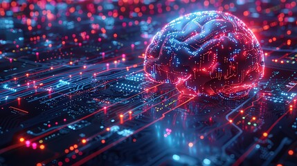 Fototapeta premium Futuristic neon abstract visualizing AI research in multicolors. 