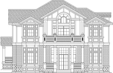 vector sketch illustration of the silhouette of a classic vintage ethnic house building design with a sloping roof.eps