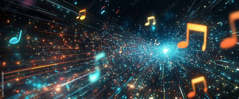 Poster a vibrant abstract representation of music with colorful notes and light effects.