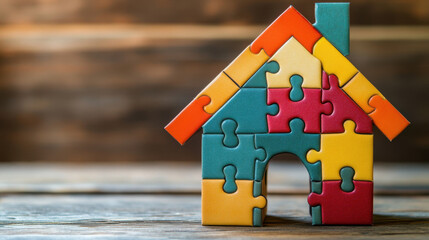colorful house made of puzzle pieces, symbolizing creativity and imagination. This unique design showcases vibrant colors and playful shapes, perfect for inspiring ideas