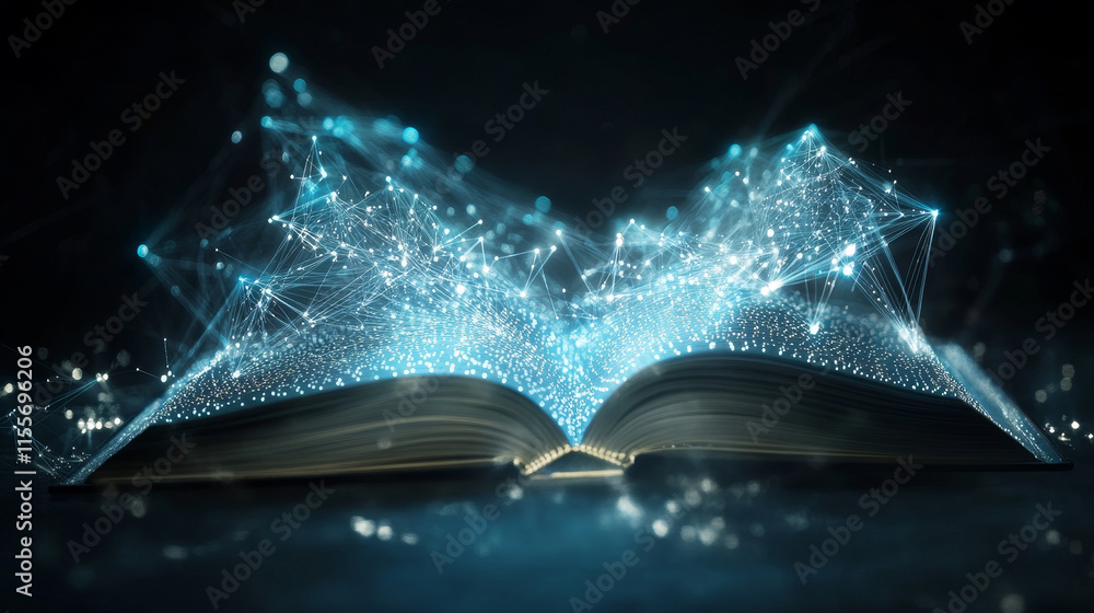 Poster hologram book. an open book of polygons, triangles of points and lines. open book icon low poly conn