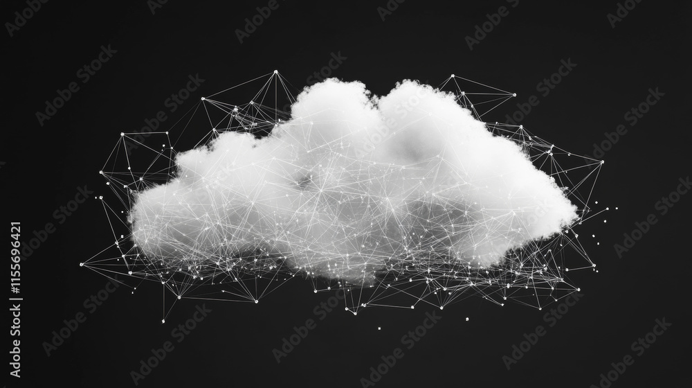 Poster a polygonal cloud design featuring triangles, dots, and a network of lines. this low-poly structure 