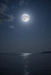 Full Moon Over Tranquil Ocean Night Sky