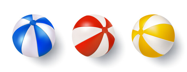 Inflatable 3d beach ball, top view. Red white pool party toy. Summer blue yellow swimming floating sphere. Sport game, air blown round big plastic rubber beachball. Sea vacation striped fun kid bauble
