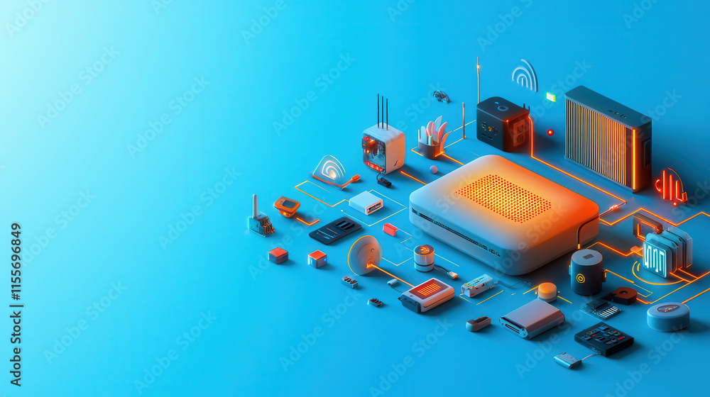 Poster bold cyberpunk inspired router glowing in deep blue with various tech elements